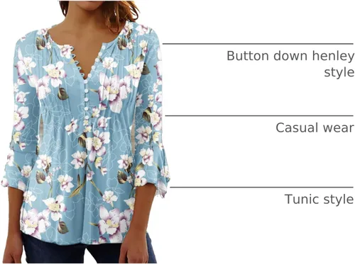 Miniatura 7 de Ceboyel Blusa tipo túnica con estampado floral para mujer, con botones, estilo Henley, con manga de codo, casual, trajes de moda para mujer