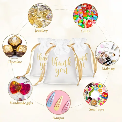 Miniatura 7 de Roowest 100 piezas de bolsas de regalo de satén con cordón para agradecimiento, bolsas de joyería y caramelos para boda, despedida de soltera, Blanco