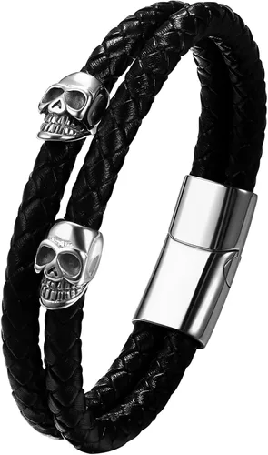 Miniatura 7 de NMQLX Pulsera de cuero, pulsera de calavera punk, pulseras de cuero trenzadas, pulsera gótica vintage para hombres