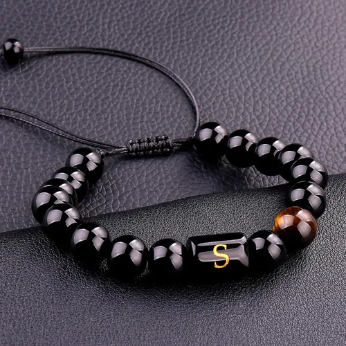 Miniatura 103 de SUMMER LOVE Regalos para el Día del Padre, pulsera con inicial de piedra de ónix negro de 0.394 pulgadas para hombres, pulsera de cuerda trenzada