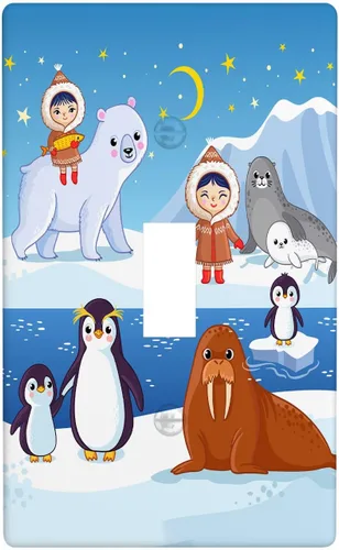 Miniatura 73 de Arctic Animals - Placa de interruptor de luz de 1 banda, lindo sello de dibujos animados, pingüino, oso polar, placa de pared individual basculante
