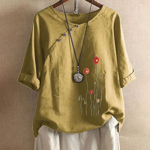 Miniatura 2 de Ceboyel Women Summer Cotton Linen Shirts Floral Print Tops Short Sleeve Casual Blouses Boho Loose Fit Ladies Clothes 2023