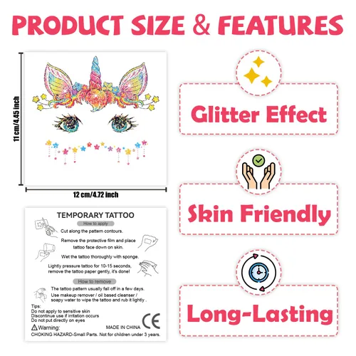 Miniatura 6 de Leesgel 24 hojas de tatuajes faciales con purpurina para niños, tatuajes de pintura facial para cumpleaños de niños y niñas, recuerdos de fiesta