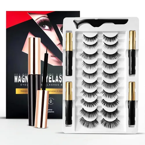 Pestañas magnéticas, pestañas magnéticas de aspecto natural, 10 pares de pestañas reutilizables, 4 tubos de delineador de ojos con pinzas