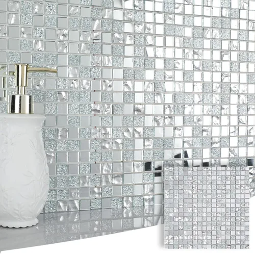 Miniatura 11 de Diflart 10 hojas de azulejos de mosaico de vidrio para despegar y pegar, cuadrado plateado de 3/4 pulgadas, azulejos de espejo de diamante de Pelar