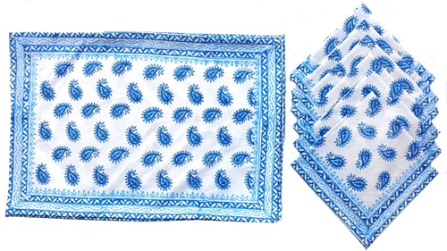 Miniatura 19 de Rastogi Handicrafts Juego de 6 manteles individuales 100 % algodón estilo indio para mesa de comedor y servilletas (azul 1)