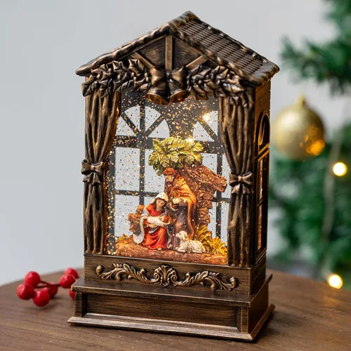Miniatura 4 de Globo de nieve navideño iluminado con pesebre y escena del nacimiento, musical de la Sagrada Familia, agua y cuna con música silenciosa de la noche