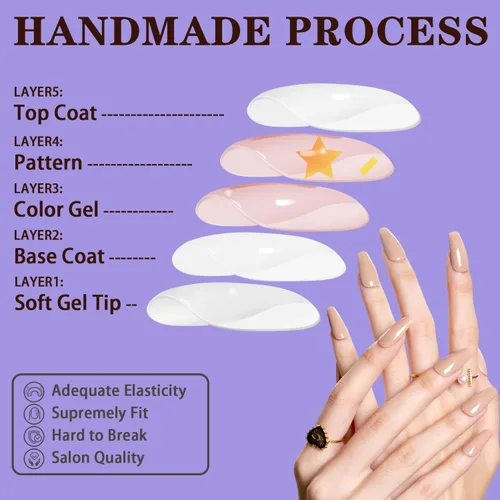 Miniatura 3 de WOOYAS - Uñas postizas cortas a presión, color nude brillante, uñas postizas de otoño de ataúd mediano, juego de 24 uñas postizas reutilizables