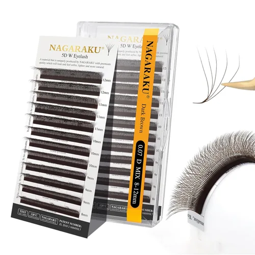 Miniatura 42 de NAGARAKU Extensiones de pestañas Double Tips 4D W, suministros con puntas dobles, gruesas con rizado D de 0.07 mm, bandeja mixta 8-15 mm, 0.07-D
