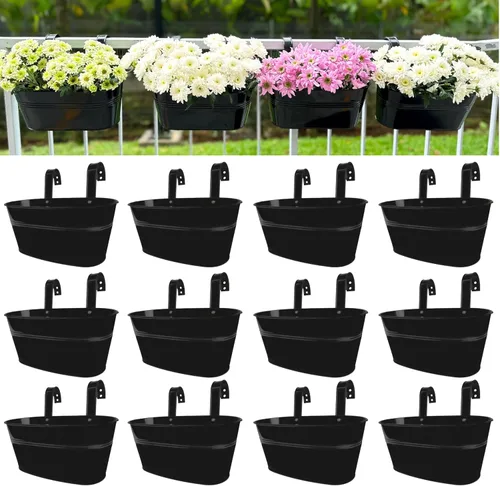 Miniatura 11 de LaLaGreen Maceta de Riel para Plantas de Exterior (11.2 Pulgadas, Paquete de 8) Macetas Colgantes de Hierro Metal Negro Barandillas de Terraza Cubos