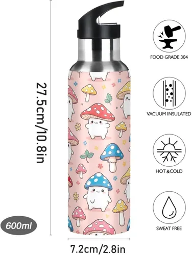 Miniatura 9 de Cute Cartoon Mushrooms Insulated Water Bottle 32 Oz Leakproof Water Bottles, BPA-Free Sports Water Bottle