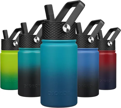 Miniatura 52 de BJPKPK Botella de agua aislada con tapa con pajilla, bonitas botellas de agua de 15 onzas, termo de metal de acero inoxidable, vasos reutilizables