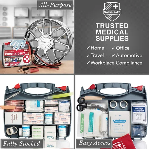 Miniatura 6 de Swiss Safe Kit de emergencia para automóvil 2 en 1 Cables de puente de alta resistencia de 12 pies y kit completo de primeros auxilios