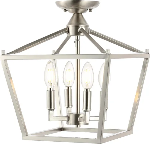 Miniatura 10 de JONATHAN Y Plains 12" Dark Green and Brass Gold 4-Light Iron Semi Flush Mount Lantern, Modern Farmhouse Open-Frame Pagoda with Metal Cage for