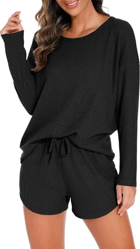 Miniatura 4 de PrinStory Conjunto de pijama para mujer, conjunto de 2 piezas de punto gofre, conjunto de ropa de descanso con bolsillos