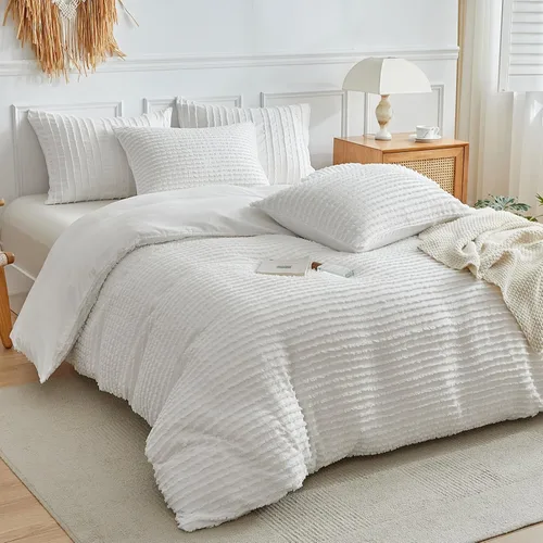 Miniatura 2 de WARMDERN Juego de funda de edredón bohemio tamaño individual, juego de ropa de cama de microfibra a rayas blancas, 2 piezas, ultra suave, Blanco