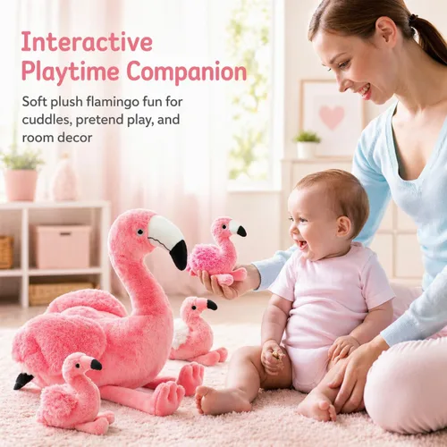 Miniatura 5 de Juguetes de peluche de flamenco de 21 pulgadas con 4 bebés de felpa suave, color rosa, lavable a máquina, para cumpleaños, niños pequeños