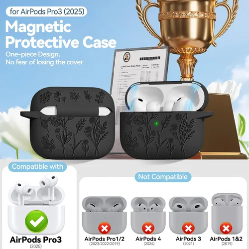 Miniatura 3 de Funda para Airpods Pro 3 con tapa magnética, fundas grabadas con flores para Apple AirPods Pro de 3ª generación 2025, funda de silicona suave
