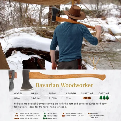 Miniatura 2 de 1844 Helko Werk Germany Trabajador de madera tradicional bávaro - Hecho en Alemania Hacha de corte y tala resistente, hacha forestal alemana grande