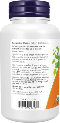 Miniatura 3 de NOW Suplementos, orgánicos certificados, espirulina de 1000 mg (doble fuerza), rico en betacaroteno (vitamina A) y B-12 con GLA natural, 120 tabletas