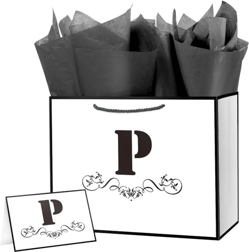 Miniatura 43 de ysmile Bolsa de regalo de letras con papel de seda para hombres, bolsa grande de 12 pulgadas, color blanco y negro, para cumpleaños, aniversario