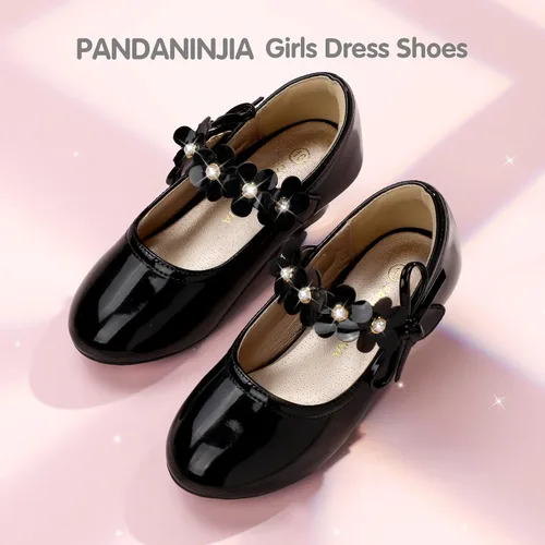 Miniatura 7 de PANDANINJIA Zapatos de vestir para niñas, zapatos de tacón Mary Jane con flores, fiesta de boda, regreso a la escuela, zapatos de tacón para niños