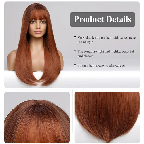 Miniatura 4 de HAIRCUBE Peluca Auburn con Flequillo Cabello Largo con Flequillo Cabello Rojo Apariencia Natural Resistente al Calor Peluca Sintética Juego Diario