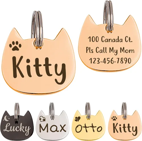Anavia Etiquetas de identificación para mascotas con forma de cabeza de gato y pez, etiqueta de nombre de gato con diseño de icono divertido Oro rosa