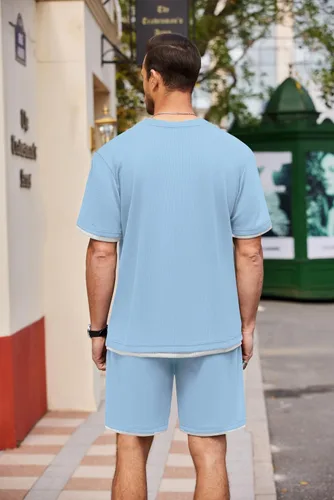 Miniatura 78 de COOFANDY Conjunto de camisa y pantalones cortos de gofre para hombre, conjunto de 2 piezas, conjunto casual de verano con bolsillos