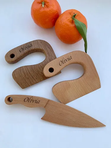 Miniatura 6 de Cuchillo seguro de madera personalizado para niños, cuchillo Montessori para niños, cortador de verduras y frutas