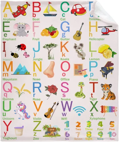 Miniatura 14 de Manta de franela con diseño del alfabeto de animales, súper suave, ligera, para niños, adultos, adecuada para sofá, cama, campamento, viajes, todas