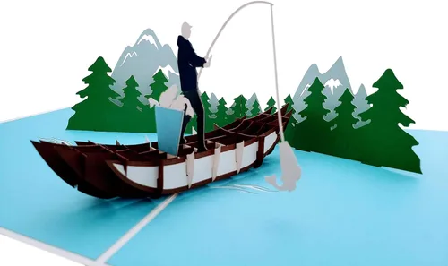 iGifts And Cards Tarjeta emergente de pesca de montaña 3D – Canoa, bosque y trucha saltadora – Día del Padre, cumpleaños, regalo de jubilación para