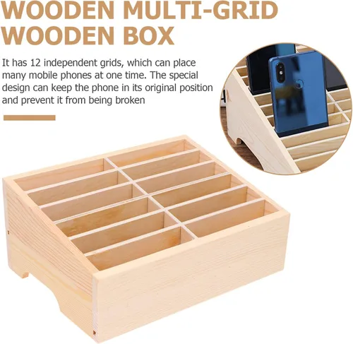 Miniatura 5 de SEWACC Caja de almacenamiento de madera para teléfono celular, organizador de escritorio, 12 rejillas, oficina, aula, hogar, caja de almacenamiento