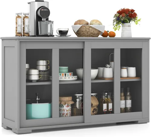 Miniatura 8 de NAFORT Aparador de madera con puertas correderas, mesa de consola de almacenamiento de cocina, barra de café con estante ajustable para sala de Negro