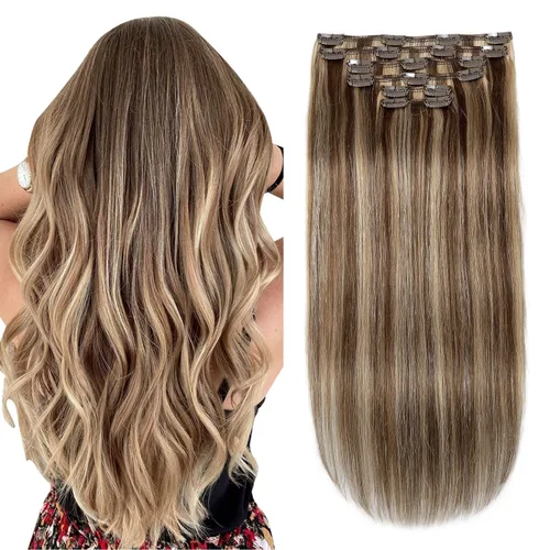 XDhair Extensiones de cabello humano Remy con pinzas, color marrón medio #4, mezclado con rubio caramelo #27, 3.53 oz, 6 unidades, (#4P27, 14 #4P27