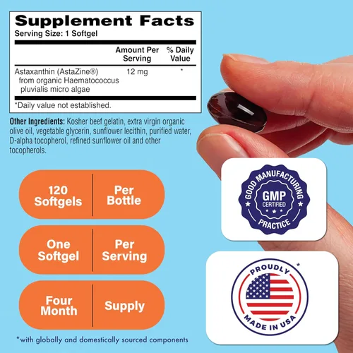Miniatura 2 de Health Thru Nutrition Astaxantina Triple Strength 12mg Suplemento 120 cápsulas blandas AstaZine de algas cultivadas orgánicamente en agua prístina