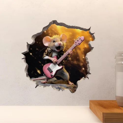 Miniatura 4 de Rock and Roll Mouse in Mouse Hole - Calcomanía de pared 3D con agujero de ratón