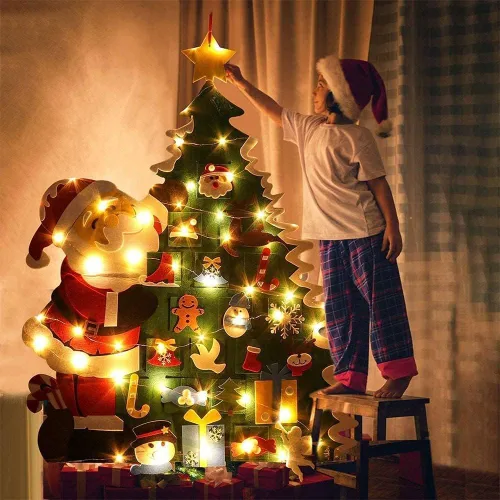 Miniatura 2 de Árbol de Navidad de fieltro Montessori para niños pequeños, árbol de Navidad de 3.2 pies de bricolaje para pared con 32 adornos y luces LED, árbol
