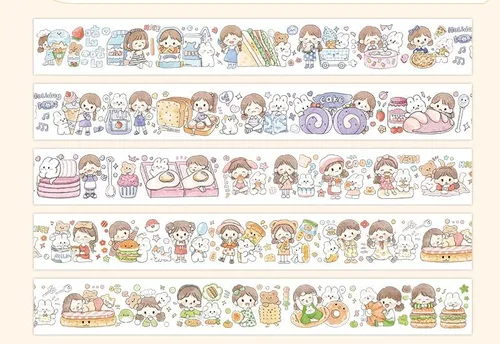 Kawaii Art Washi Tape - Linda cinta adhesiva para escuela, suministros de oficina, estética, caricaturas, juego de cinta adhesiva decorativa para