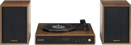 Crosley CR7019A-WA Alto Sistema de estante giratorio de 3 velocidades con Bluetooth, radio FM y altavoces estéreo a juego, nogal