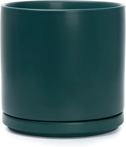 Miniatura 84 de D'vine Dev Maceta de cerámica de 10 pulgadas con orificio de drenaje y platillo, maceta redonda cilíndrica para interiores, color negro, 94-O-E-2