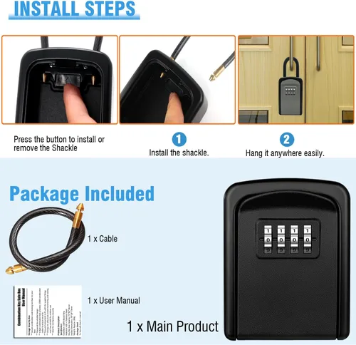 Miniatura 6 de Caja de cerradura de llave con combinación de 4 dígitos, caja fuerte portátil con cable extraíble, caja de almacenamiento de llaves impermeable