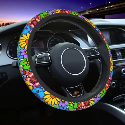 Miniatura 11 de Funda de volante de flores azules para mujer, accesorios de automóvil, para niñas, universal, de 15 pulgadas, de neopreno, decoración