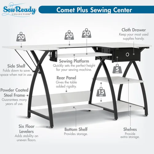 Miniatura 4 de Sew Ready Comet Plus - Mesa de costura artesanal, 56.75 x 23.5 pulgadas, tamaño total de plataforma con rejilla de corte de tela precisa y cajón