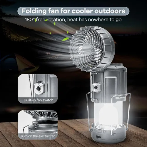 Miniatura 3 de Linterna solar para campamento con ventilador y cargador de teléfono, energía recargable portátil para huracanes, emergencias, cortes de energía