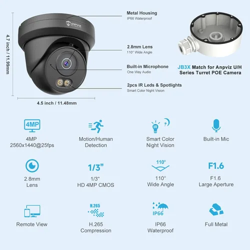 Miniatura 6 de Anpviz Cámara IP PoE de 4MP 8MP, cámara IP de seguridad de torreta para exteriores e interiores con cable (cámara de torreta de 4MP negra)