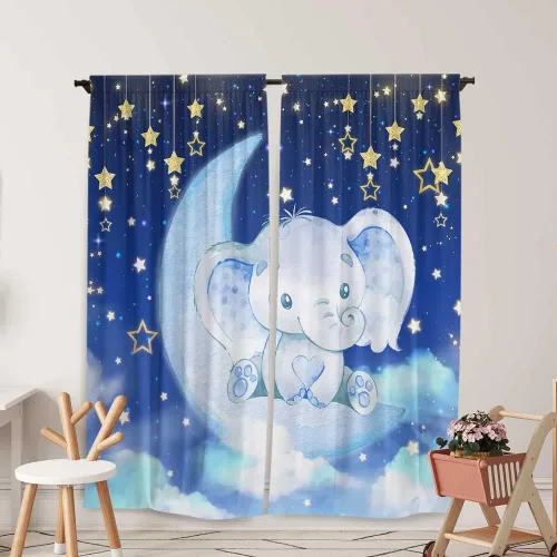 Cortinas de ventana de elefante en acuarela para niños y niñas, estrella azul centelleante para bebé, sala de estar, dormitorio, guardería, hogar, 07