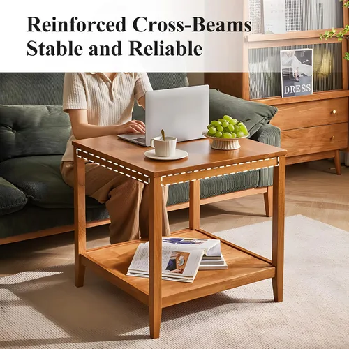 Miniatura 5 de Mesa auxiliar, mesa auxiliar cuadrada de madera maciza con estante de almacenamiento, mesa auxiliar de 2 niveles para sala de estar, mesa de sofá