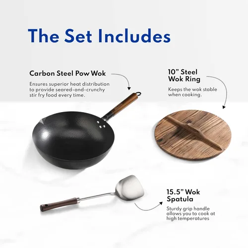 Miniatura 8 de New Star Foodservice 1029154 Acero al carbono martillado a mano, acero al carbono Wok antiadherente, incluye fondo redondo de 12.7 pulgadas, tapa