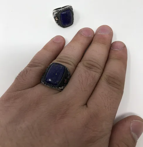 Miniatura 7 de KAR Anillo único de plata de ley 925 con piedra de lapislázuli, otomano, para hombre, talla K53B